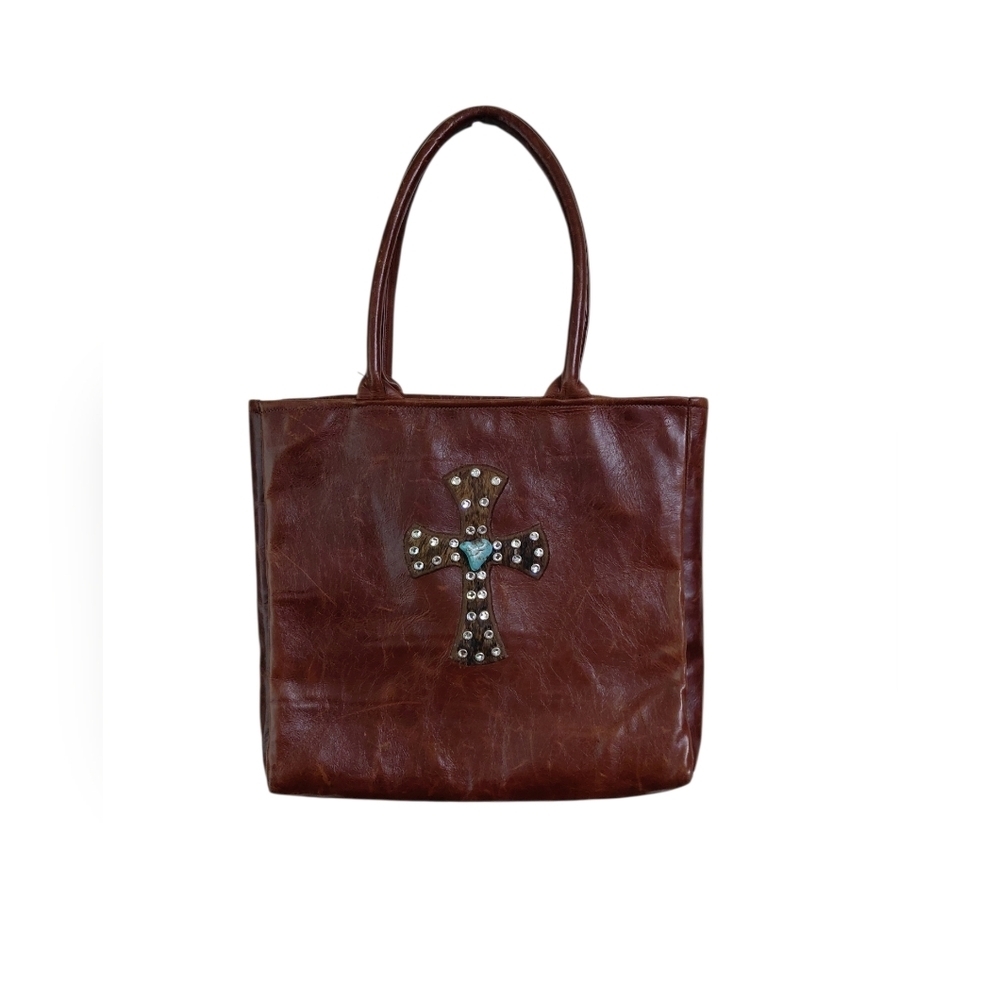 👜 Brown Leather Tote with Studded Cross Accent
